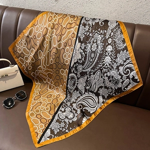 Elegant paisley square silk scarf in caramel and black and white patchwork design