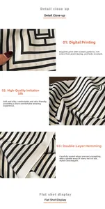Detailed close-up of striped silk scarf with premium digital print and double-stitched edges