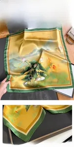 Detail of silk scarf with lotus ink painting and reinforced hem stitching process