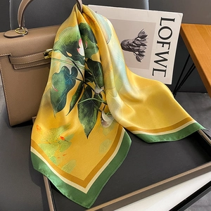 Elegant Pure Mulberry Satin Square Scarf With Lotus Flower Print Chinese Style Yellow And Green Satin Kerchief For Women