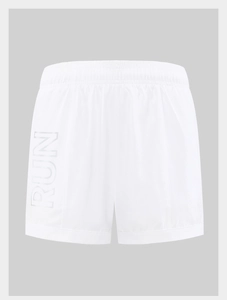 Close-up of white quick-dry shorts with elastic waistband and RUN vertical print