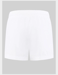 Detail of white quick-dry sports shorts showing elastic waistband and fine stitching