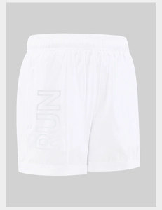 Close-up of white quick-dry sports shorts featuring a large vertical RUN print on the side