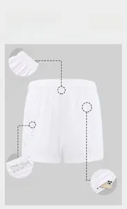 Detail of white quick-dry shorts featuring elastic waistband, zipper pocket and RUN logo