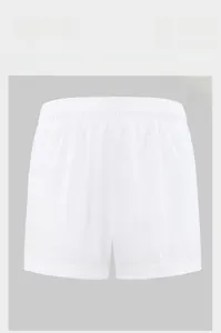 Detail of white quick-dry running shorts featuring elastic waist and RUN side print