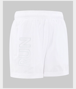 Detail of white quick-dry running shorts showing elastic waist and RUN text design