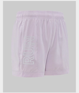 Detail view of light purple quick-dry shorts with white vertical RUN text and elastic waistband