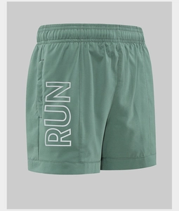Detail of green ice silk running shorts with elastic waistband and white RUN lettering