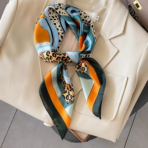 Women Leopard Print Square Scarf Faux Satin Neckerchief Geometric Color Block Elegant Office Professional Fashion Accessory