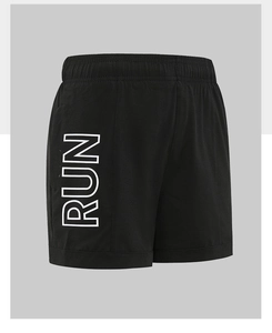 Detail view of black quick-dry sports shorts featuring white RUN text and elastic waistband