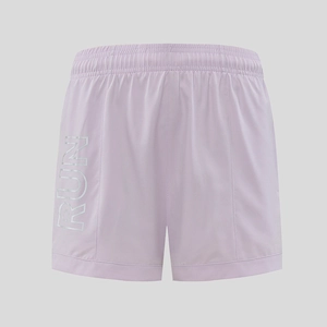 Women's quick-dry loose running shorts in light purple with elastic waist and RUN print