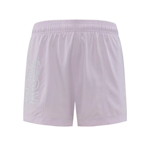 Women's quick-dry sports shorts in lavender with elastic waist and RUN letter print