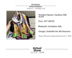 Detail of 90x180cm faux silk scarf featuring purple and yellow floral digital prints