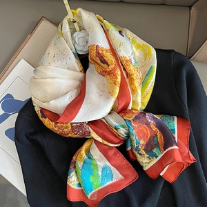 Artistic oil painting print silk scarf for women stylish warm autumn winter neck shawl