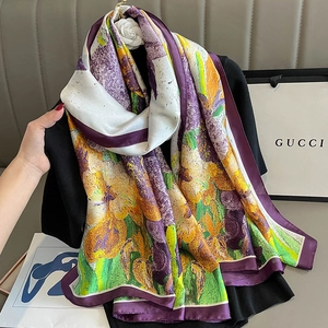 Artistic oil painting floral silk scarf with Impressionist iris print in purple and yellow