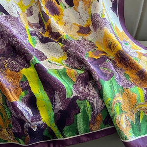 Artistic oil painting style silk scarf featuring vibrant iris flowers and purple borders