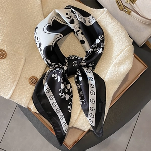 Foulard Carré En Satin Imprimé Camélia Noir Blanc Satin Cravate Bandeau Pour Femmes Élégant Professionnel
