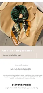 Detail of silk-like square scarf featuring green tiger stripes and leopard print patterns