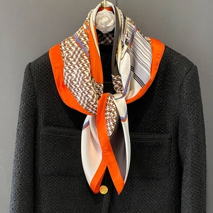 Elegant houndstooth silk square scarf with geometric orange and blue patterns