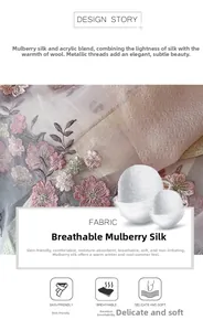 Detailed texture of silk blend scarf with pink floral embroidery and subtle metallic glitter