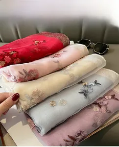 Detailed view of silk blend floral embroidery patterns on lightweight sheer scarf