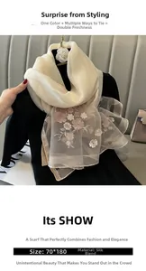 Detailed embroidery on silk blend beige scarf with 70x180cm size dimensions