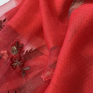 Close-up of luxury silk blend scarf with intricate floral embroidery and shimmering metallic threads