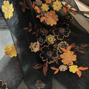 Macro view of delicate golden floral embroidery on transparent black silk blend fabric