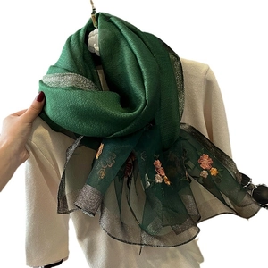 Dark green silk blend scarf with elegant orange floral embroidery and metallic edges