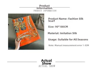 Detail of 90x180cm silk scarf with orange equestrian chain print and specifications