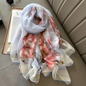 Women Long Floral Scarf Imitation Satin Lightweight Shawl Fashion Soft Breathable Letter Print Elegant Large Wrap