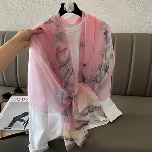 Pink floral chiffon scarf shawl with magnolia print and As Nature artistic lettering