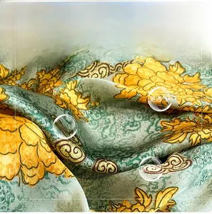 Macro detail of faux silk fabric featuring elegant yellow peony print on green background