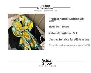 Detailed spec card for 90x180cm faux silk scarf with green and yellow floral patterns