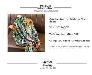 Detail of 90x180cm silk-like scarf with tropical leaf and zebra print patterns
