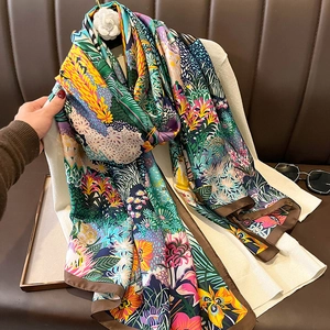 Retro Jungle Zebra Print Scarf Women Fashion Tropical Floral Imitation Satin Satin Shawl Wrap Elegant Winter Accessory
