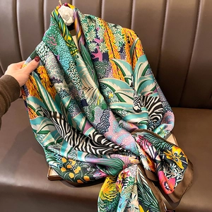Satin silk scarf with vibrant tropical floral and zebra print designs in jungle theme