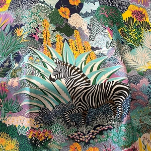 Artistic silk scarf featuring colorful tropical zebra and botanical jungle patterns