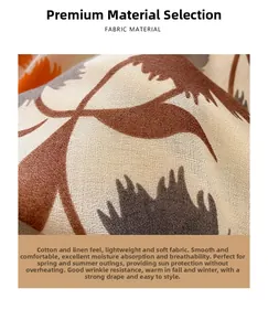 Détail macro du tissu respirant en coton et lin avec motif de feuilles marron et gris