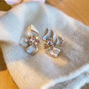 Exquisite white enamel flower stud earrings with colorful crystals and 925 silver needle