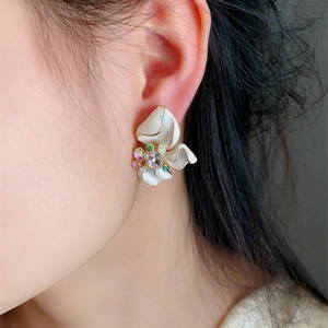 White Enamel Flower Stud Earrings With Colorful Rhinestone And 925 Sterling Silver Earring Post For Women Luxury Jewelry