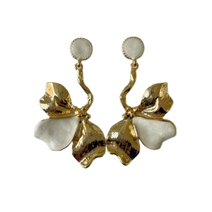 Oversized gold iris flower earrings with white enamel petals for luxury fashion women