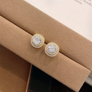 Exquisite double halo cubic zirconia stud earrings with gold plating for elegant women