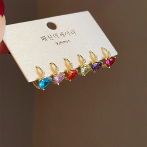 Set of six gold hoop earrings with colorful heart-shaped crystals and S925 silver posts