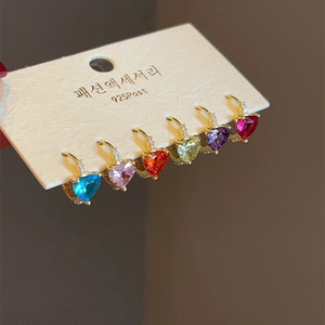 6-piece colorful heart zircon earring set with 925 silver posts on white card