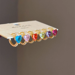 Detailed set of 6 pairs of gold heart earrings with colorful zircon and 925 silver posts