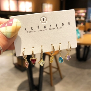 Detailed set of six colorful zircon drop earrings with gold plating and silver posts