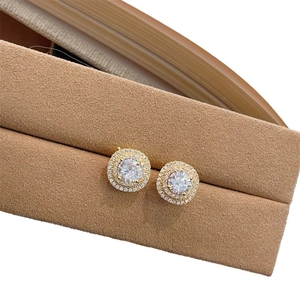 Luxury double halo round cubic zirconia stud earrings in gold finish and micro-pave setting