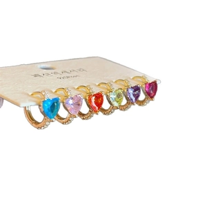 Set of 6 gold hoop earrings with colorful heart-shaped crystals and small zircon accents