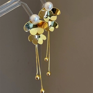 18K gold plated flower fringe earrings with pearls and multi-layer petals for women